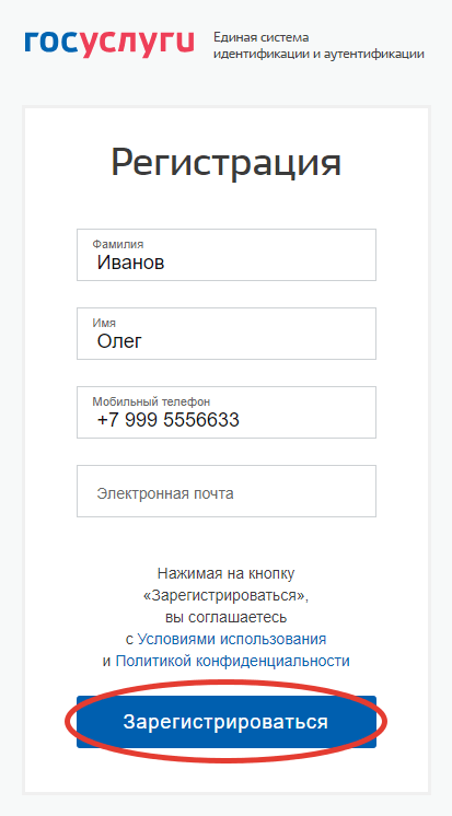 Форма регистрации на портале Госуслуги